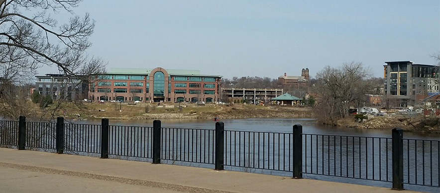 The city of Eau Claire, at the confluence of the Eau Claire and Chippewa Rivers